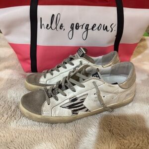 Golden Goose White and Tan Sneakers